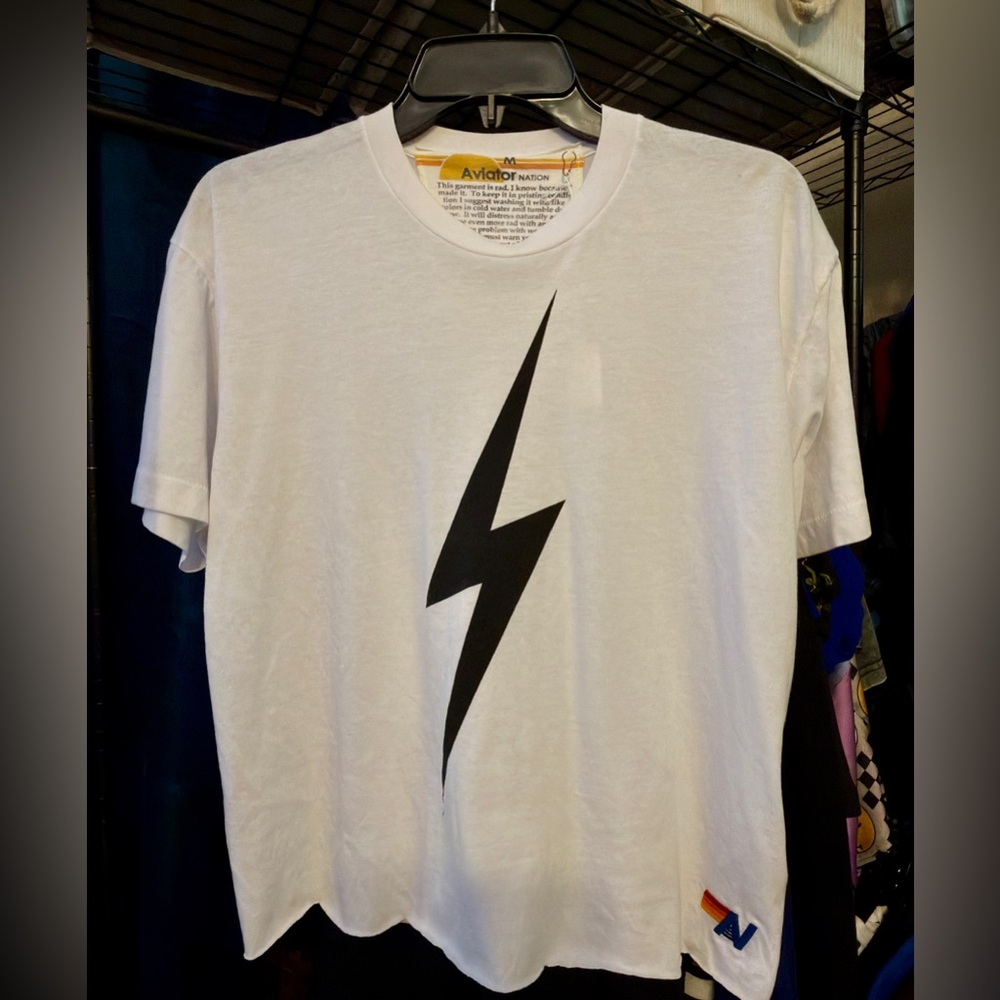 Aviator Nation White Short Sleeve Tee with Black Lightning Bolt